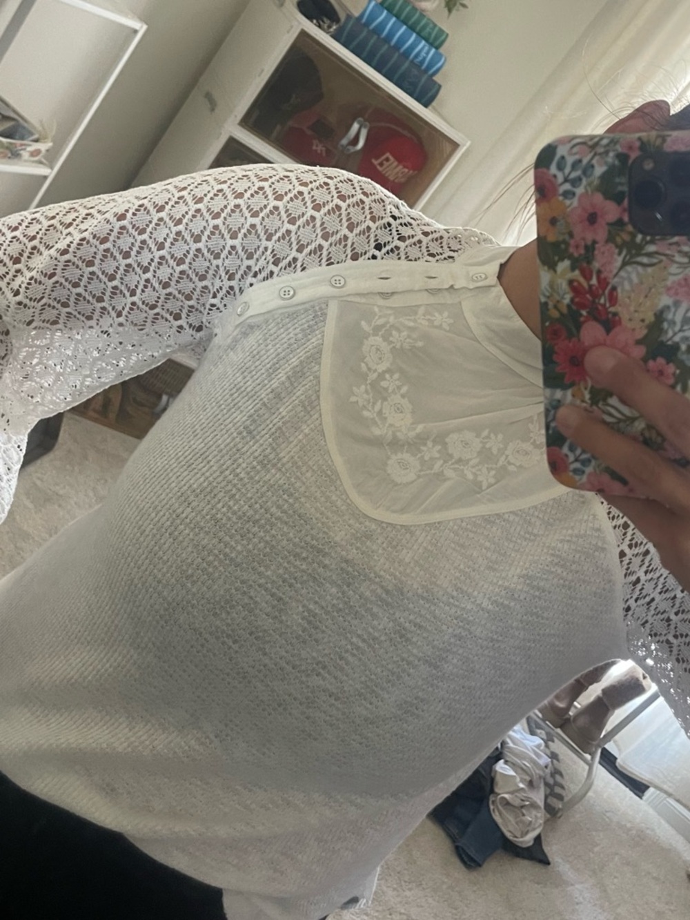 Free People White Lace Sleeve Pullover Top